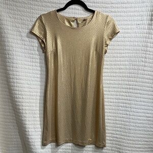 AUW Gold Scope Neck Short Sleeve Mini Dress Back Keyhole Button Close Size Small
